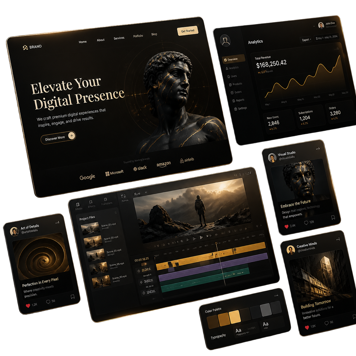 Maquettes premium : site web, tableau de bord analytique, montage vidéo et publications sur les médias sociaux